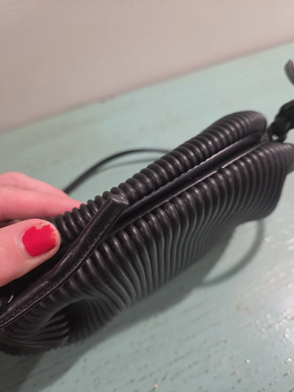KingTo Black Ribbed Vegan Leather Cloud Crossbody Bag